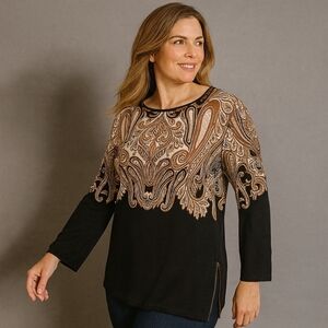 Rafaella Paisley Print Black Gold Top XL Cotton 3/4 Sleeve Zipper Detail Cottage